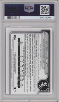 George Wolkow from the 2024 Bowman Sapphire Edition set featuring a Green parallel graded by PSA and given an overall grade of 10.