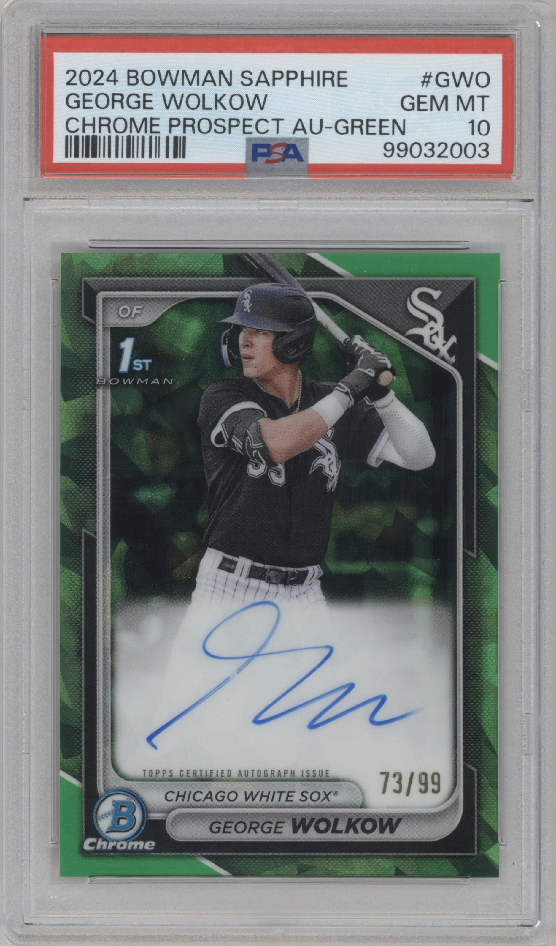 George Wolkow from the 2024 Bowman Sapphire Edition set featuring a Green parallel graded by PSA and given an overall grade of 10.