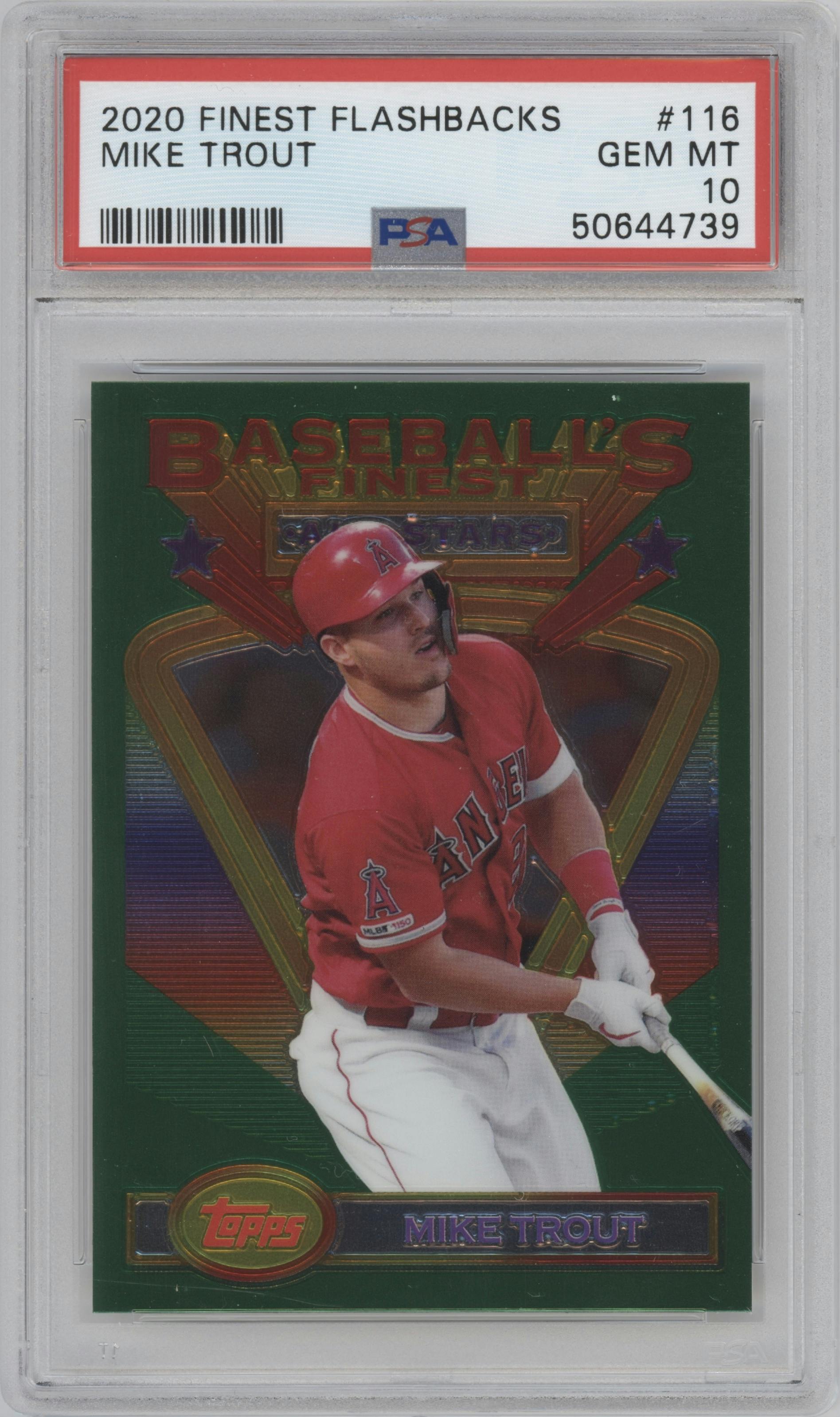 Mike Trout from the 2020 Topps Finest Flashbacks set graded by PSA and given an overall grade of 10.