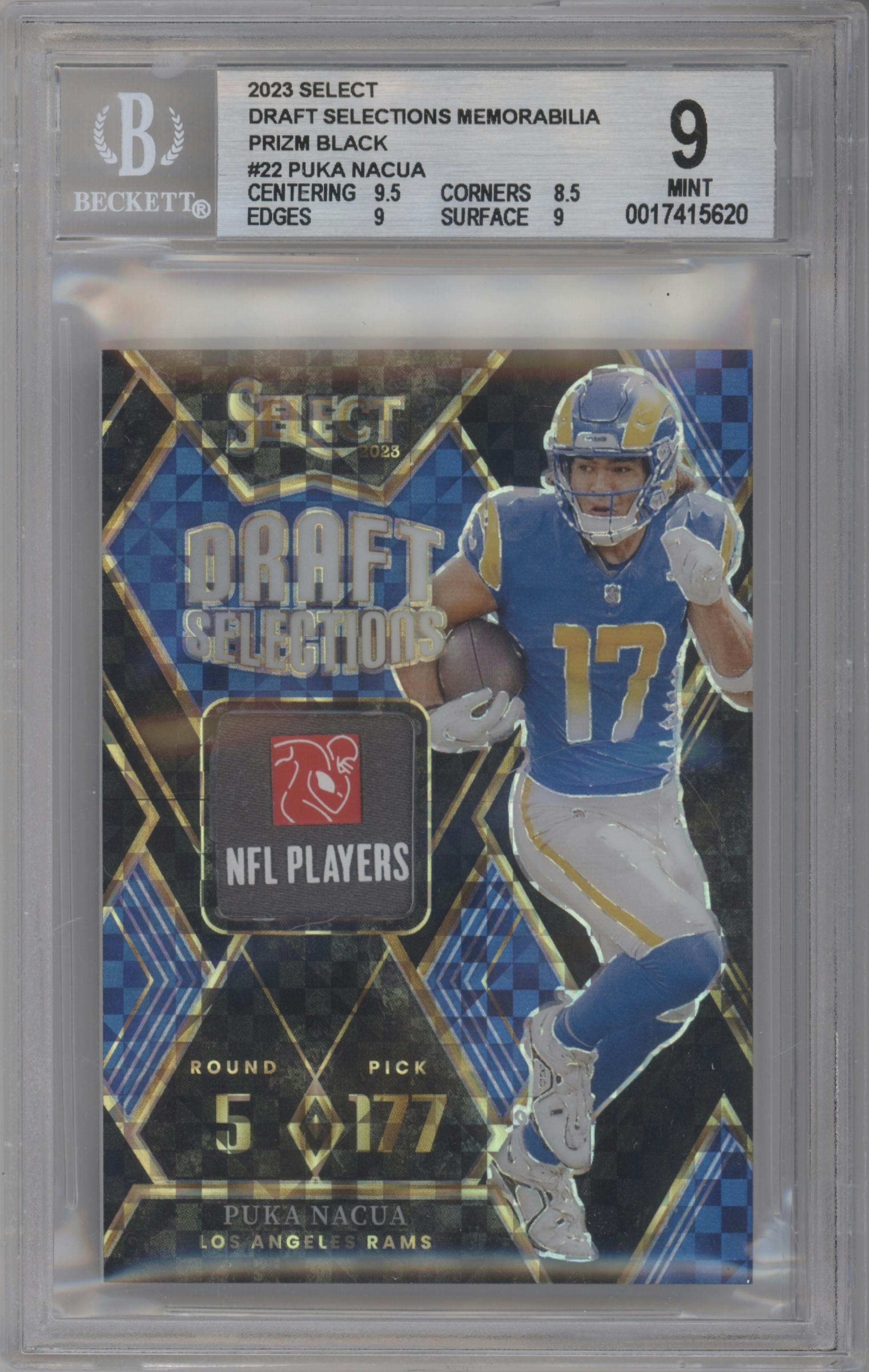 Puka Nacua from the 2023 Panini Select set featuring a Black parallel graded by Beckett and given an overall grade of 9.