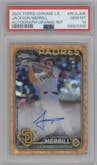 Jackson Merrill from the 2024 Topps Chrome Logofractor set featuring a Orange Refractor parallel graded by PSA and given an overall grade of 10.
