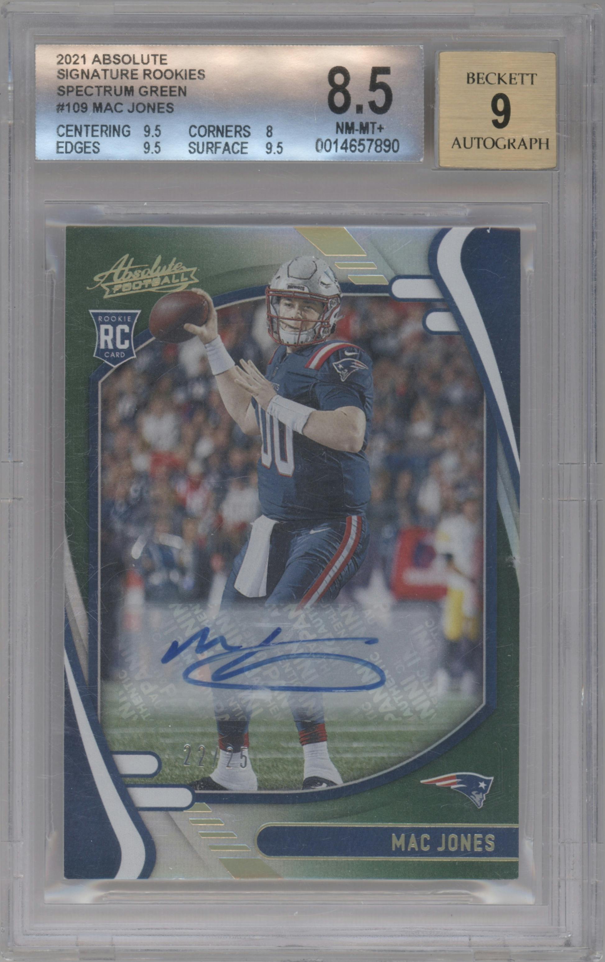 Mac Jones from the 2021 Panini Absolute set featuring a Spectrum Green parallel graded by Beckett and given an overall grade of 8.5.