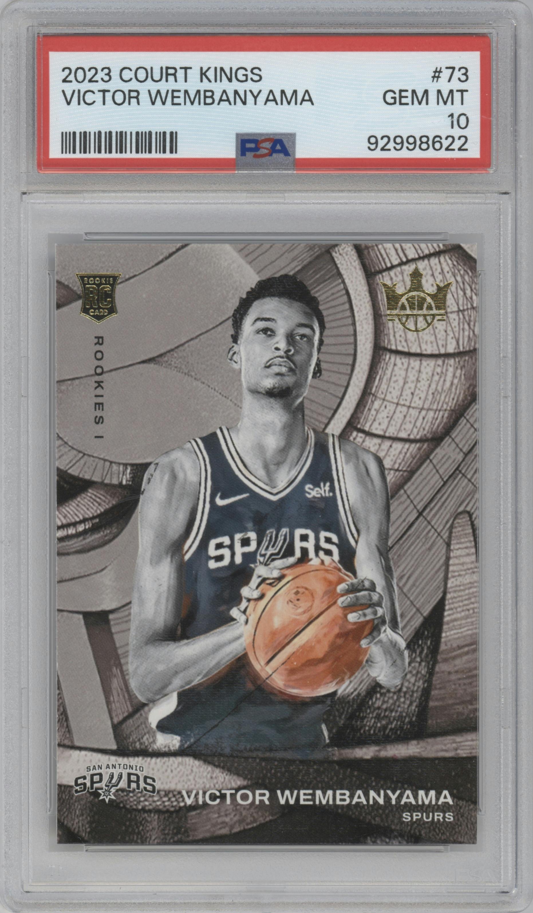 Victor Wembanyama from the 2023-24 Panini Court Kings set graded by PSA and given an overall grade of 10.