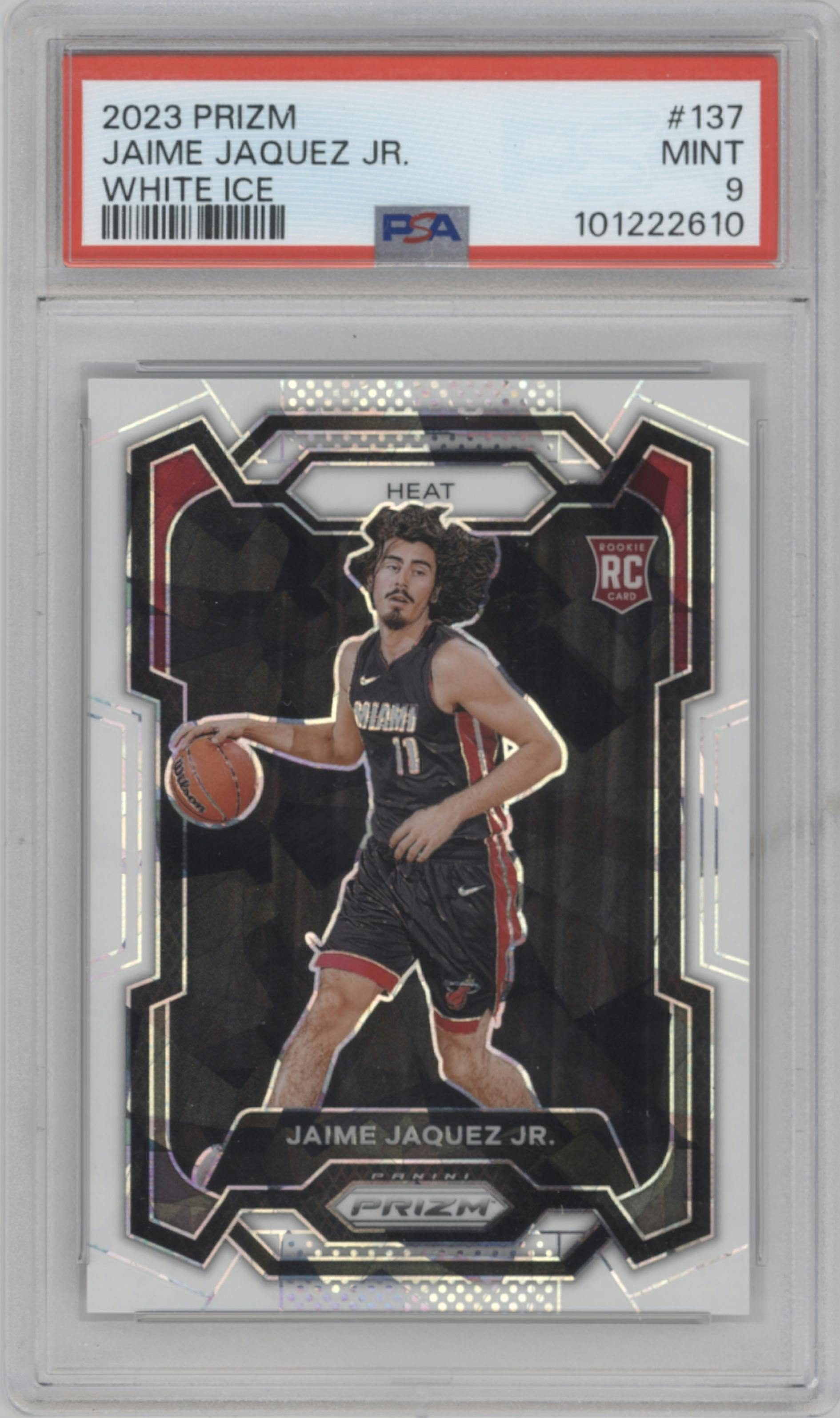 Jaime Jaquez Jr. from the 2023-24 Panini Prizm set featuring a White Ice Prizm parallel graded by PSA and given an overall grade of 9.