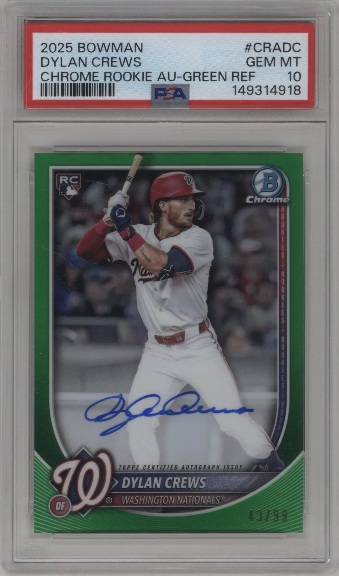 2025 Bowman Chrome Rke.Auto Dylan Crews Green Refractor #CRA-DC PSA 10