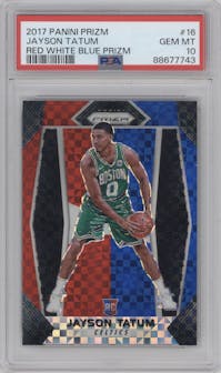 Jayson Tatum from the 2017-18 Panini Prizm  set featuring a Red/White/Blue Prizm parallel graded by PSA and given an overall grade of 10.