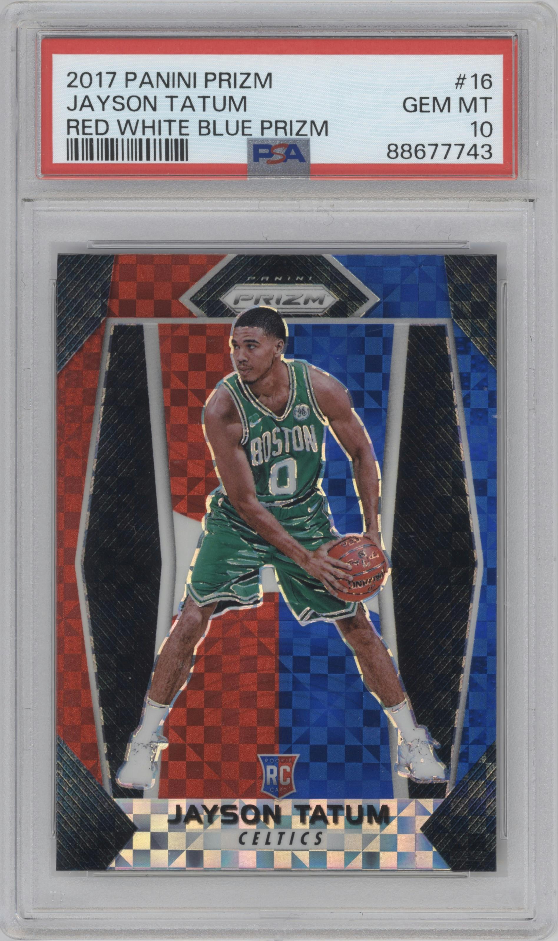 Jayson Tatum from the 2017-18 Panini Prizm  set featuring a Red/White/Blue Prizm parallel graded by PSA and given an overall grade of 10.