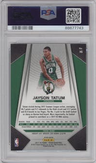 Jayson Tatum from the 2017-18 Panini Prizm  set featuring a Red/White/Blue Prizm parallel graded by PSA and given an overall grade of 10.