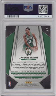 Jayson Tatum from the 2017-18 Panini Prizm  set featuring a Red/White/Blue Prizm parallel graded by PSA and given an overall grade of 10.