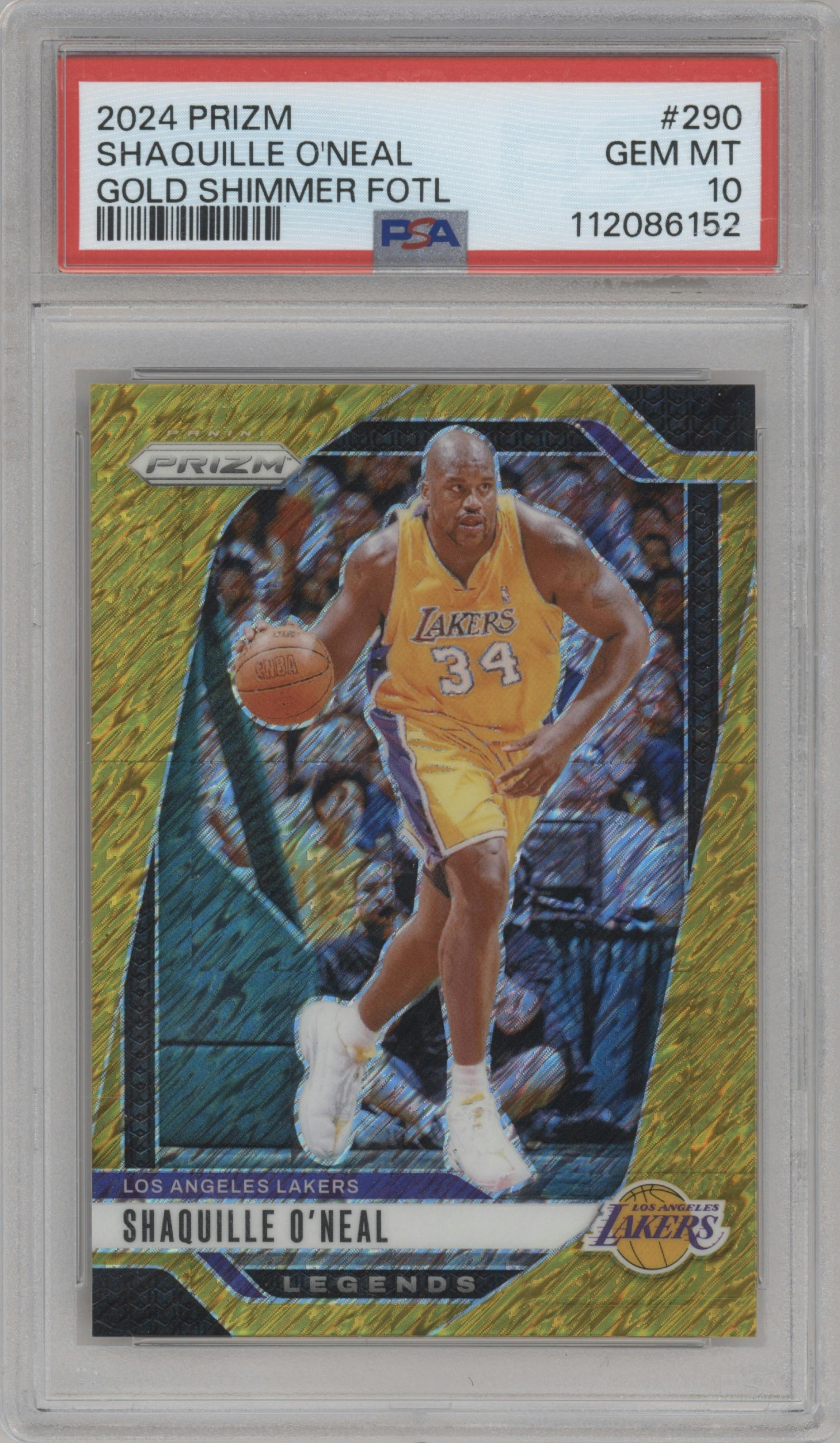 Shaquille O'Neal from the 2024-25 Panini Prizm set featuring a Gold Shimmer Prizms FOTL parallel graded by PSA and given an overall grade of 10.