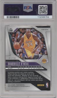 Shaquille O'Neal from the 2024-25 Panini Prizm set featuring a Gold Shimmer Prizms FOTL parallel graded by PSA and given an overall grade of 10.