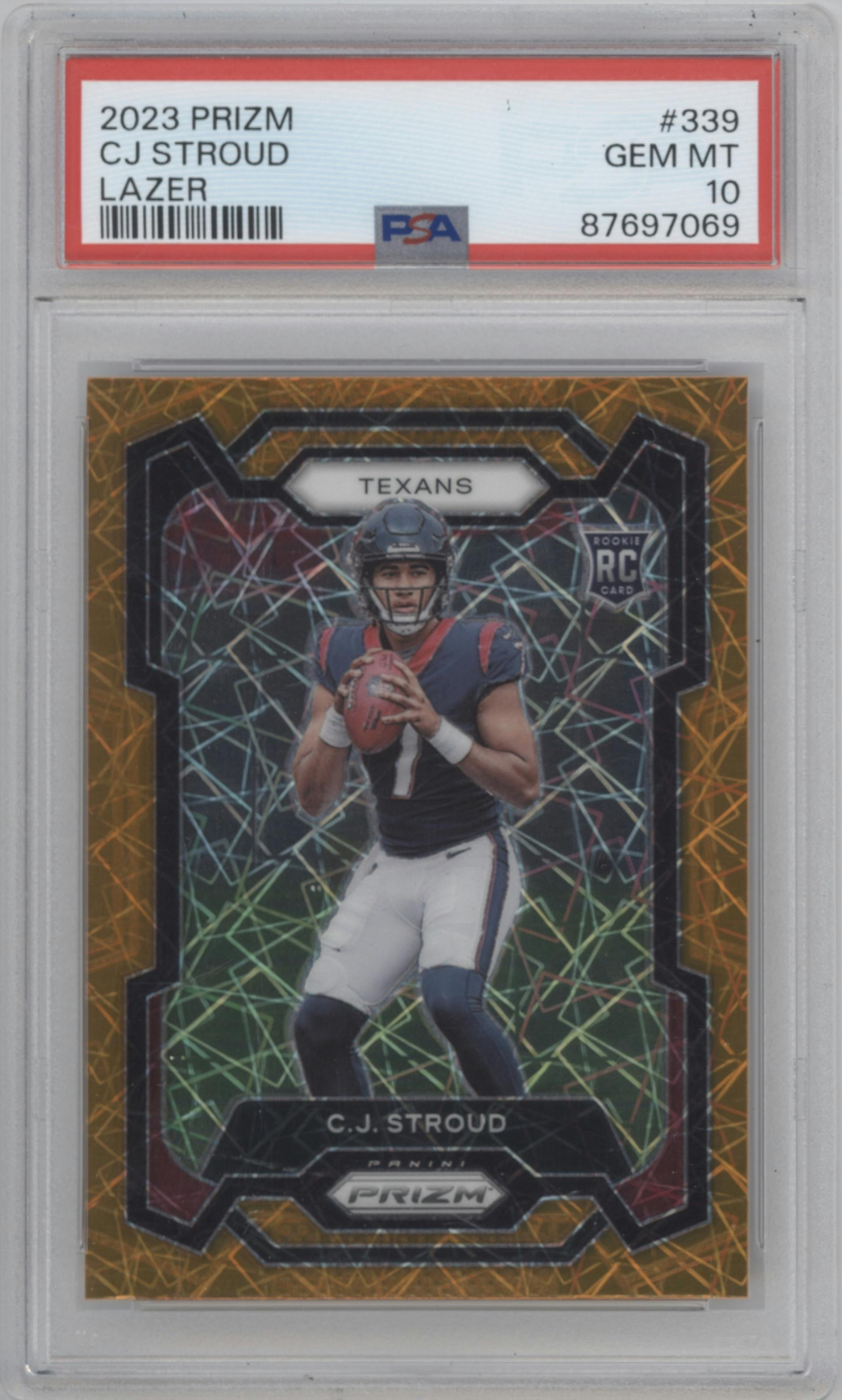 C.J. Stroud from the 2023 Panini Prizm set featuring a Lazer parallel graded by PSA and given an overall grade of 10.