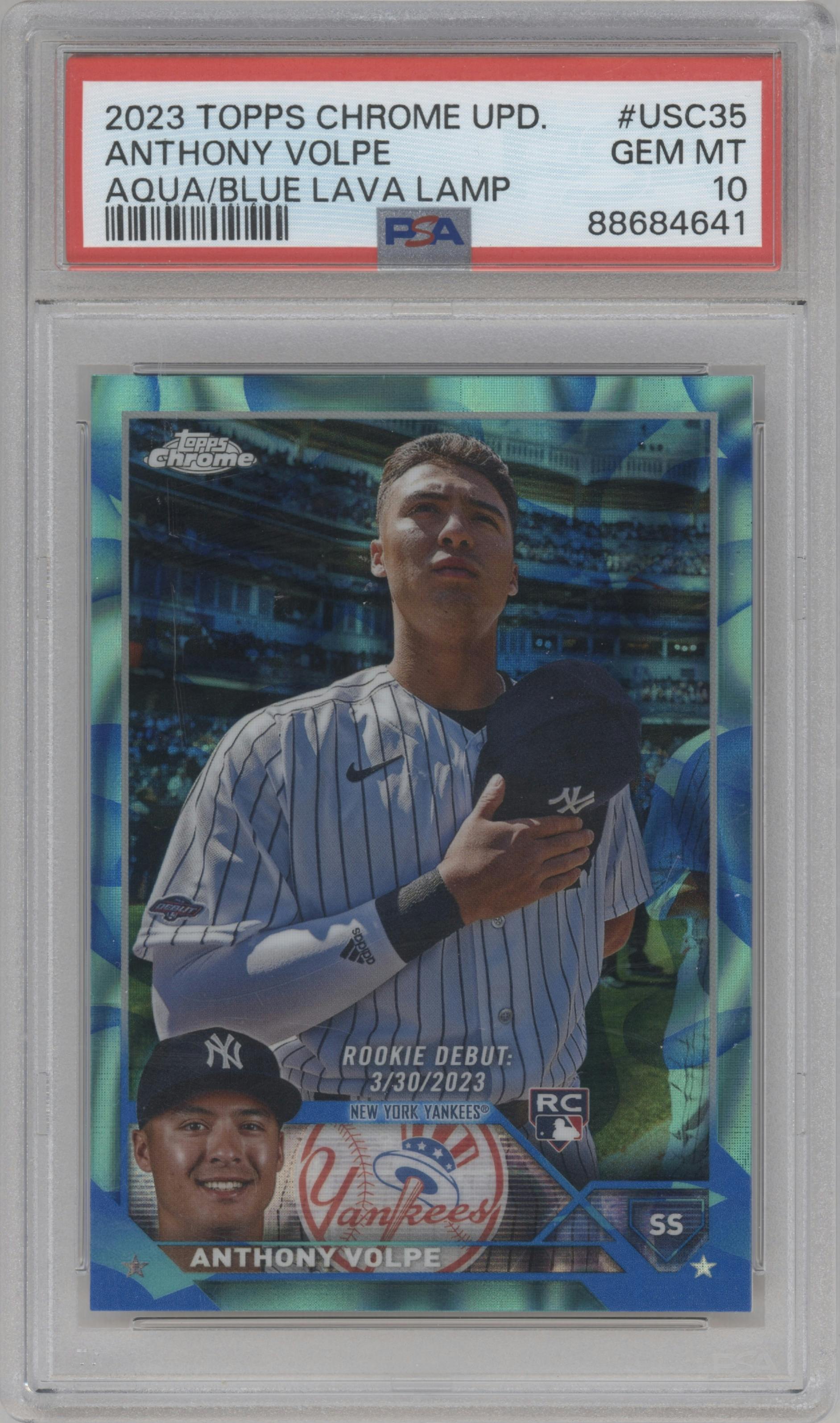 Anthony Volpe from the 2023 Topps Chrome Update set featuring a Aqua/Blue Lava Lamp Refractor parallel graded by PSA and given an overall grade of 10.