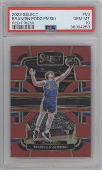 Brandin Podziemski from the 2023-24 Panini Select  set featuring a Red Prizm parallel graded by PSA and given an overall grade of 10.