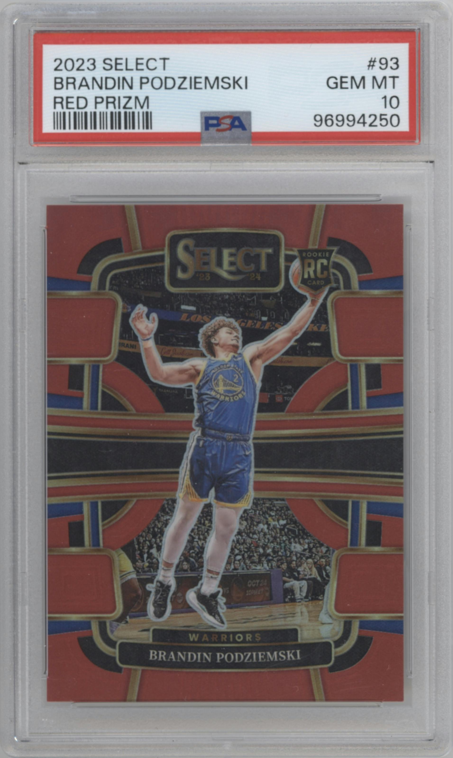 Brandin Podziemski from the 2023-24 Panini Select  set featuring a Red Prizm parallel graded by PSA and given an overall grade of 10.