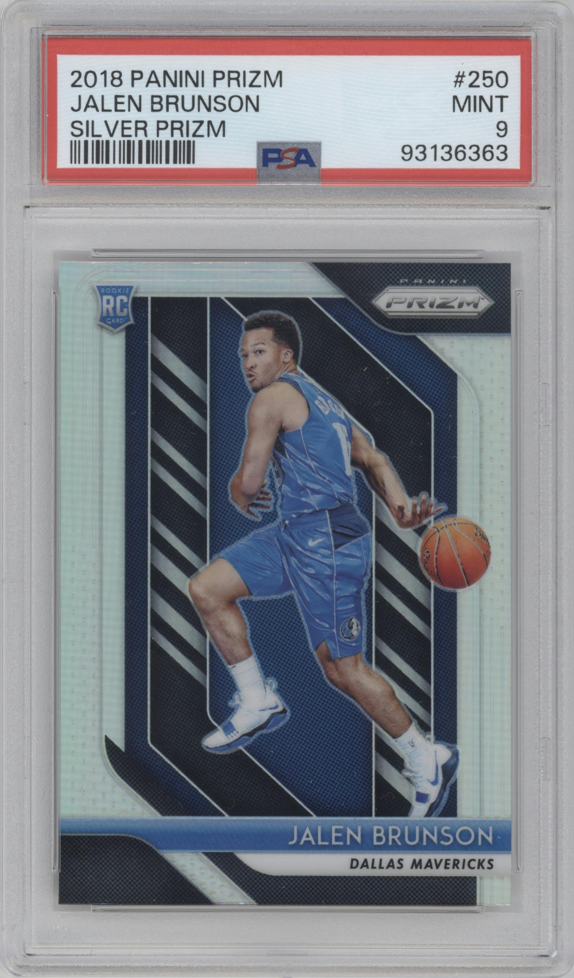 Jalen Brunson from the 2018-19 Panini Prizm set featuring a Silver Prizm parallel graded by PSA and given an overall grade of 9.