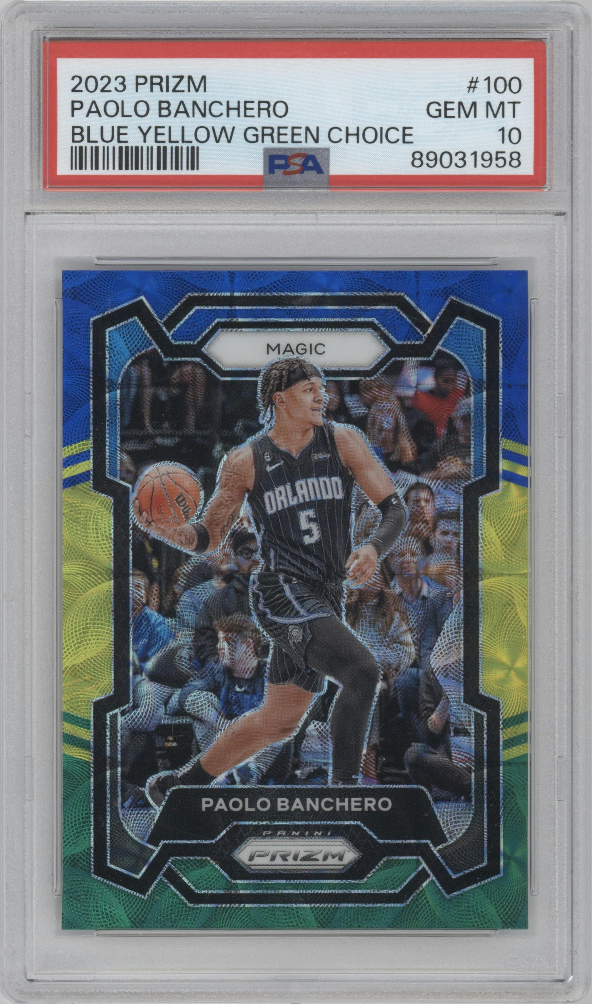 Paolo Banchero from the 2023-24 Panini Prizm set featuring a Choice BYG parallel graded by PSA and given an overall grade of 10.
