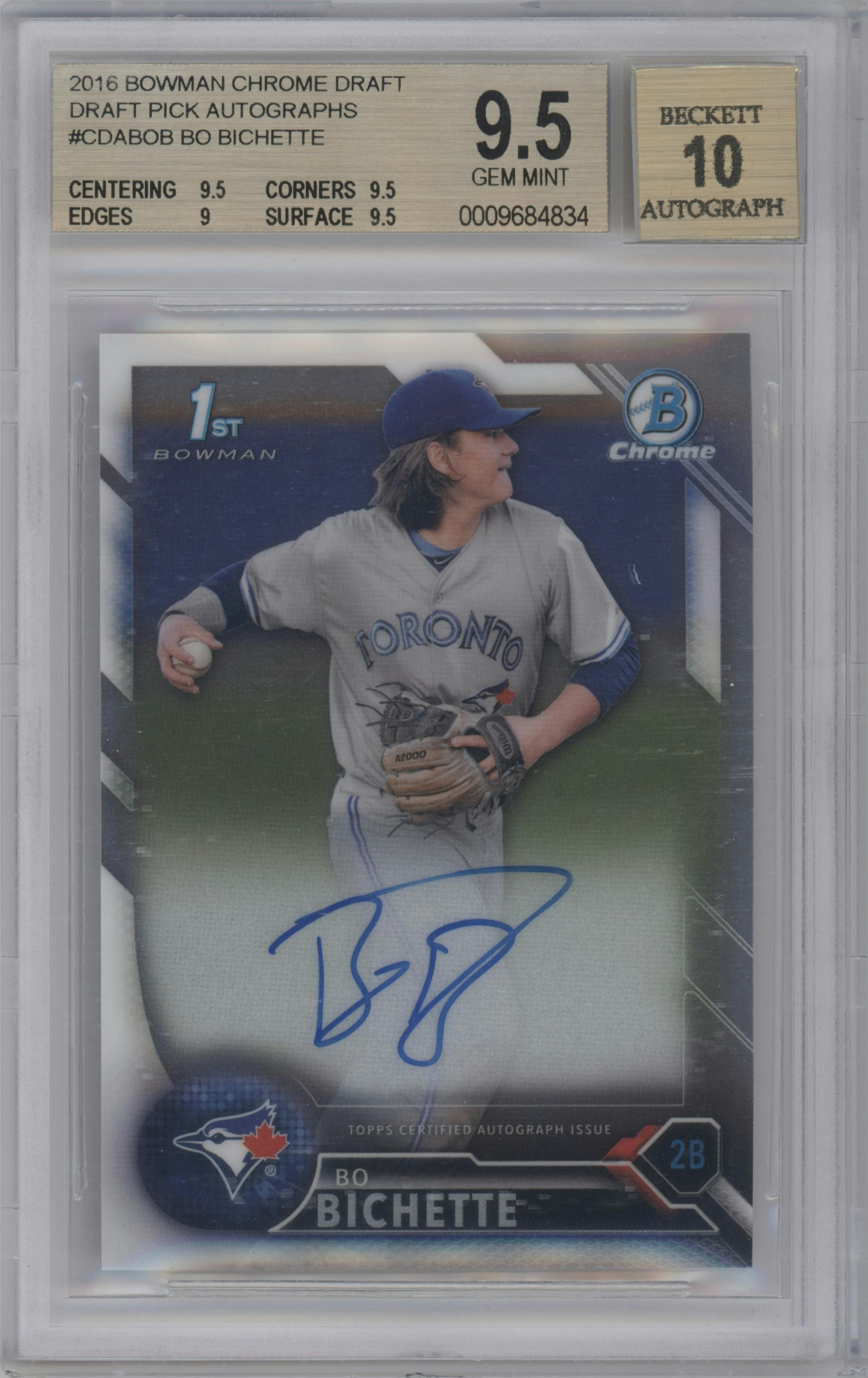 Bo Bichette from the 2016 Bowman Draft set graded by Beckett and given an overall grade of 9.5.