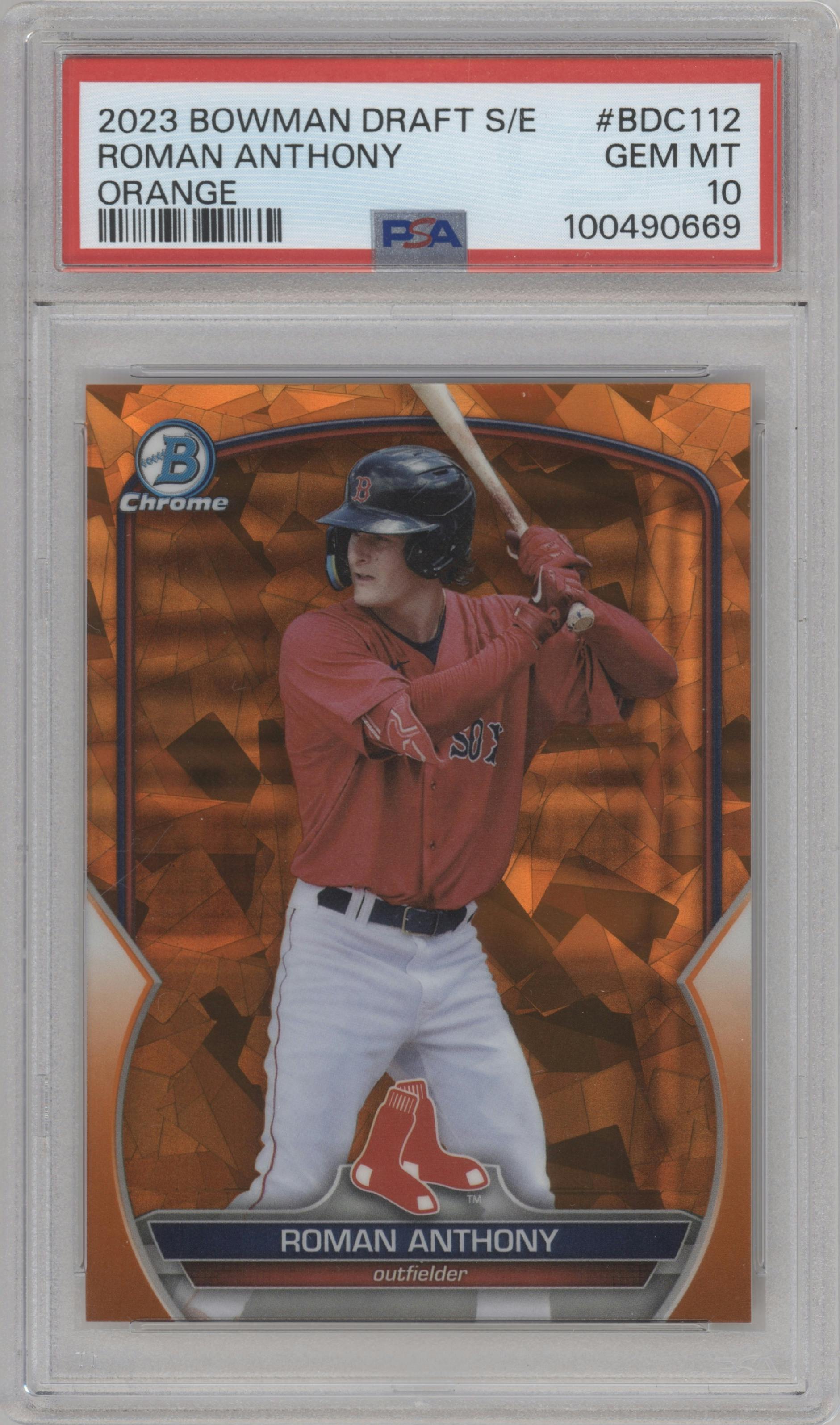 Roman Anthony from the 2023 Bowman Draft Sapphire set featuring a Orange parallel graded by PSA and given an overall grade of 10.