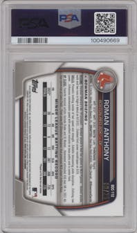 Roman Anthony from the 2023 Bowman Draft Sapphire set featuring a Orange parallel graded by PSA and given an overall grade of 10.