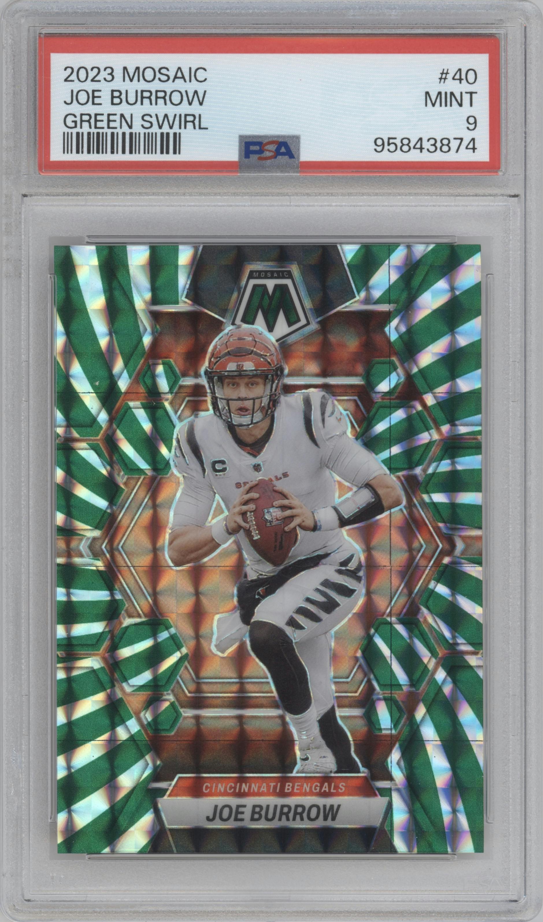 Joe Burrow from the 2023 Panini Mosaic set featuring a Green Swirl Mosaic parallel graded by PSA and given an overall grade of 9.