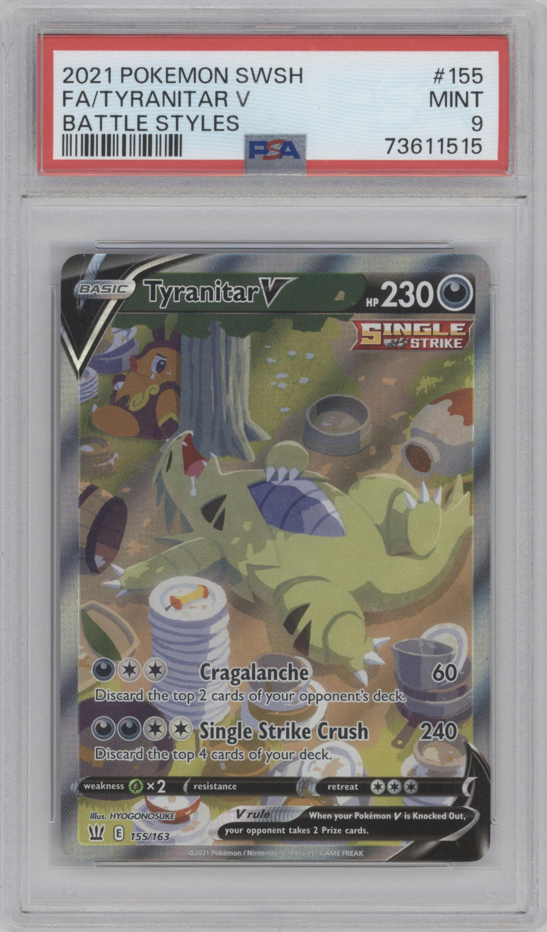 Tyranitar V from the 2021 Pokemon SWSH set graded by PSA and given an overall grade of 9.