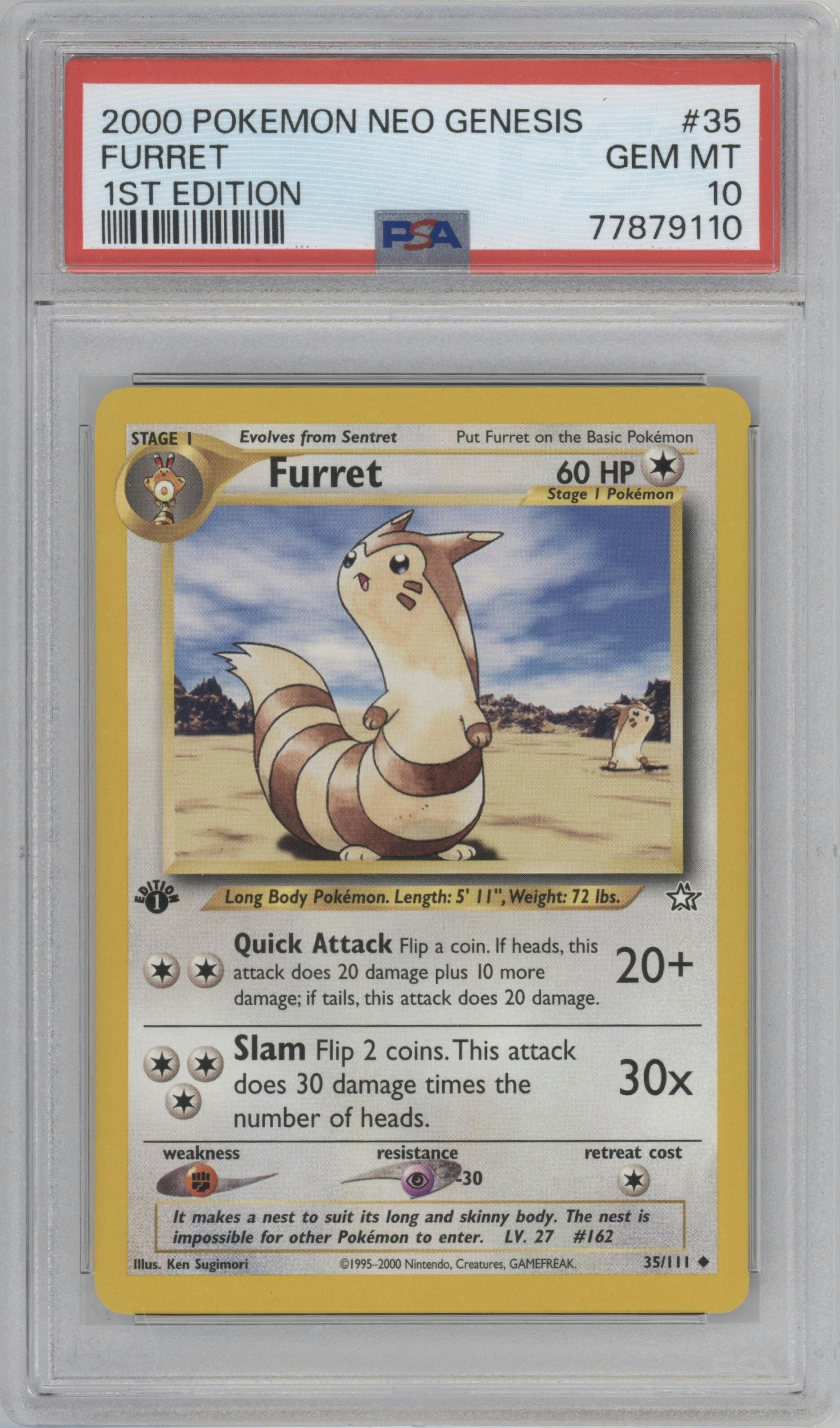 Furret from the 2000 Pokemon Neo Genesis set graded by PSA and given an overall grade of 10.