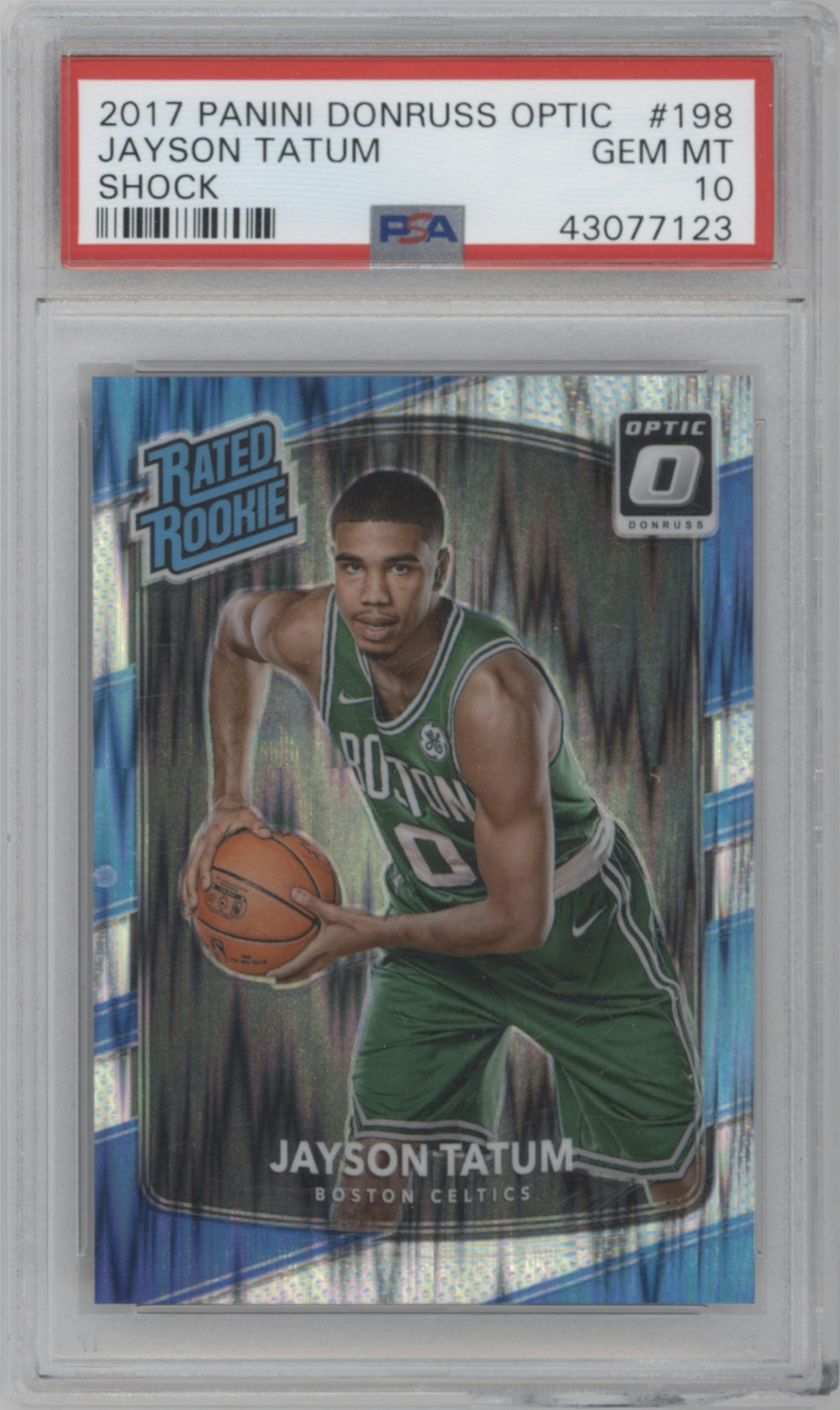 Jayson Tatum from the 2017-18 Panini Donruss Optic set featuring a Shock parallel graded by PSA and given an overall grade of 10.