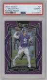 J.J. McCarthy from the 2024 Panini Select set featuring a Purple Prizm parallel graded by PSA and given an overall grade of 10.