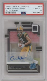 Christian Watson  from the 2022 Clearly Donruss set graded by PSA and given an overall grade of 10.