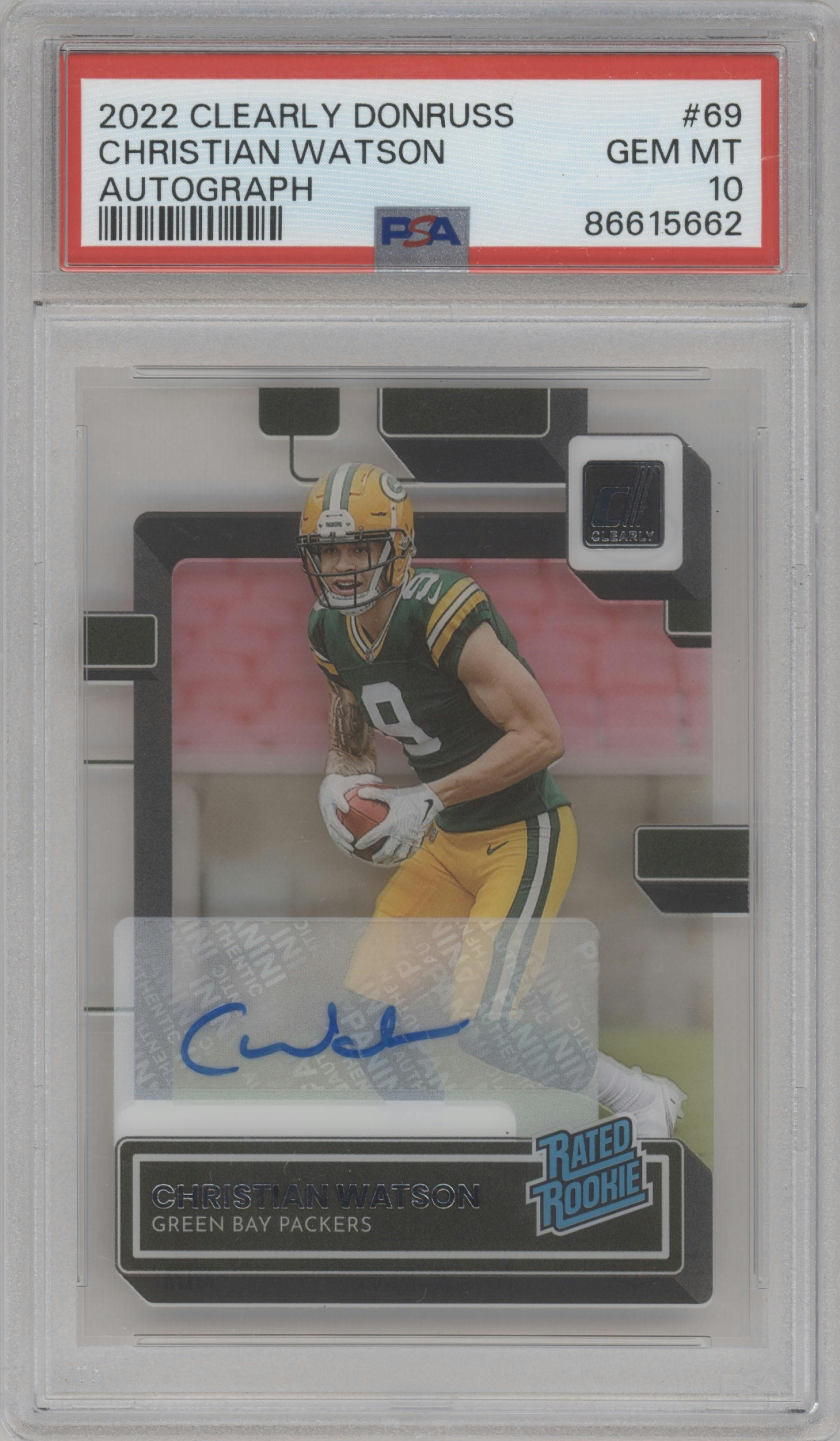 Christian Watson  from the 2022 Clearly Donruss set graded by PSA and given an overall grade of 10.