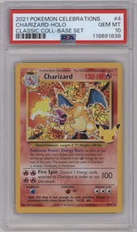 Charizard from the 2021 Pokemon SWSH set featuring a Base Set parallel graded by PSA and given an overall grade of 10.