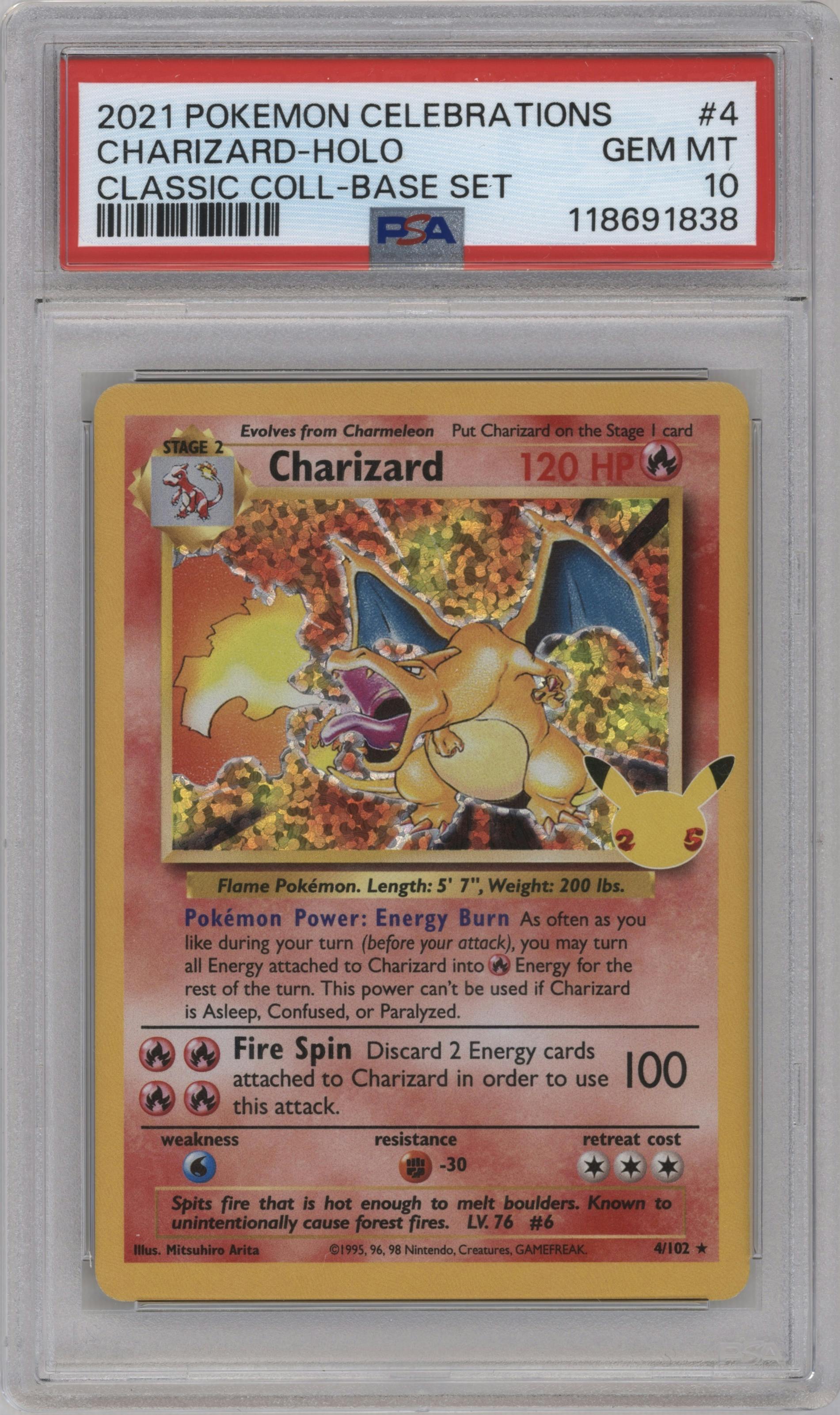 Charizard from the 2021 Pokemon SWSH set featuring a Base Set parallel graded by PSA and given an overall grade of 10.