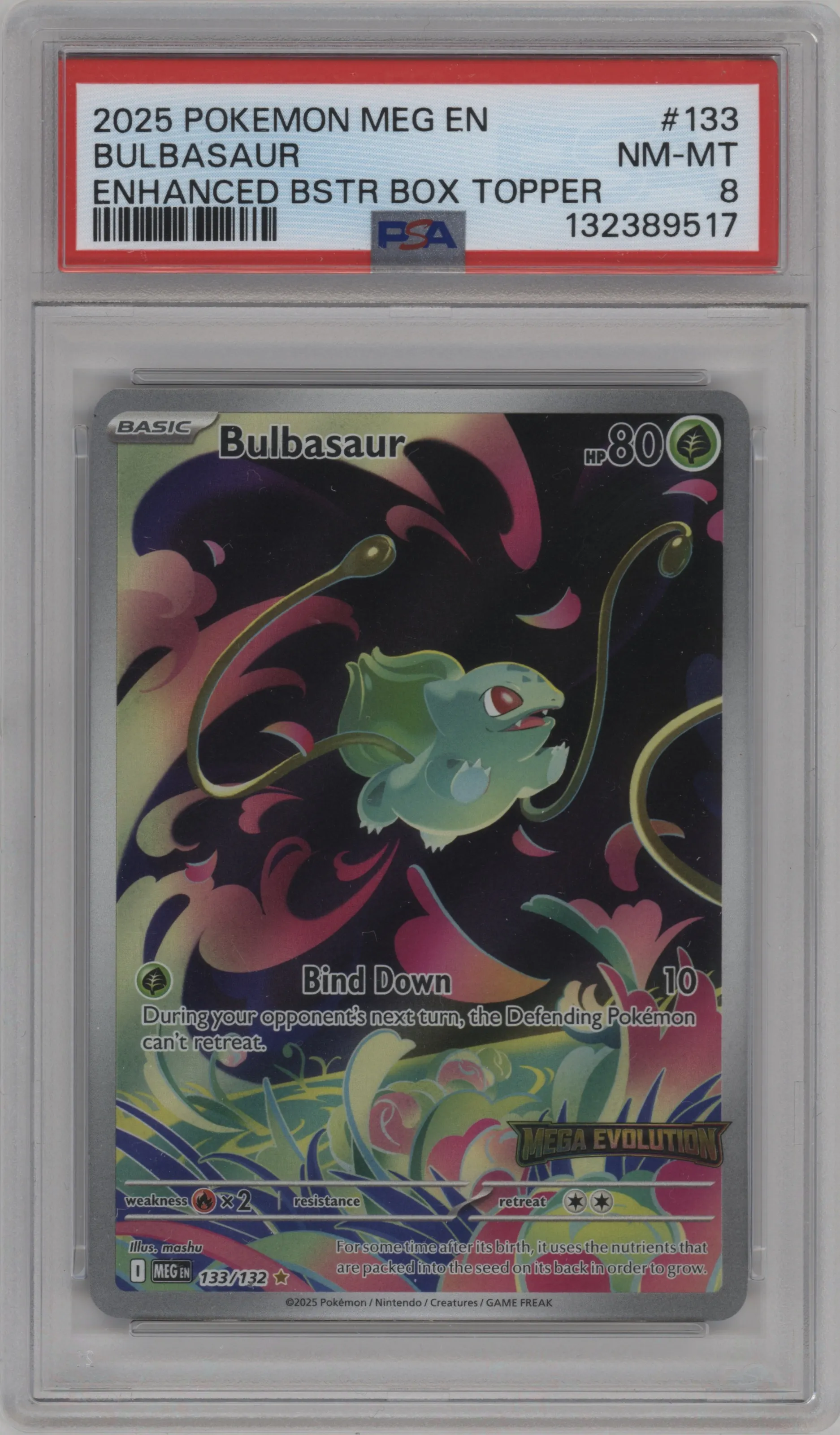 2025 Pokemon Mega Evolution Bulbasaur Enhanced Booster Box Topper PSA 8