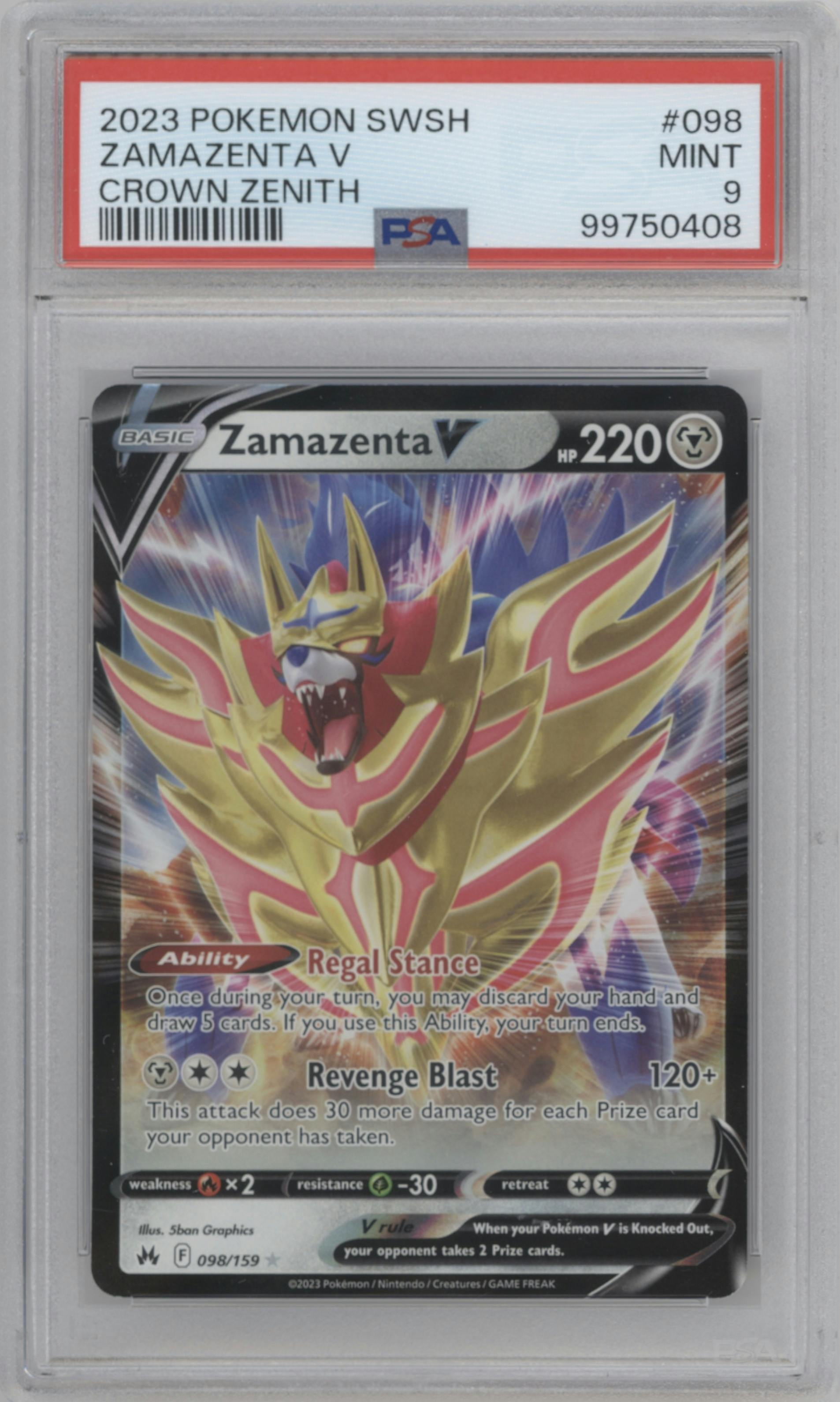 Zamazenta V from the 2023 Pokemon SWSH set graded by PSA and given an overall grade of 9.