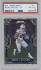Jonathan Taylor from the 2020 Panini Prizm set graded by PSA and given an overall grade of 10.