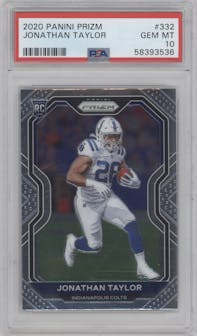 Jonathan Taylor from the 2020 Panini Prizm set graded by PSA and given an overall grade of 10.