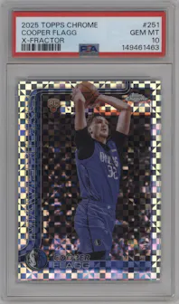 Cooper Flagg from the 2025-26 Topps Chrome set featuring a X-Fractor parallel graded by PSA and given an overall grade of 10.