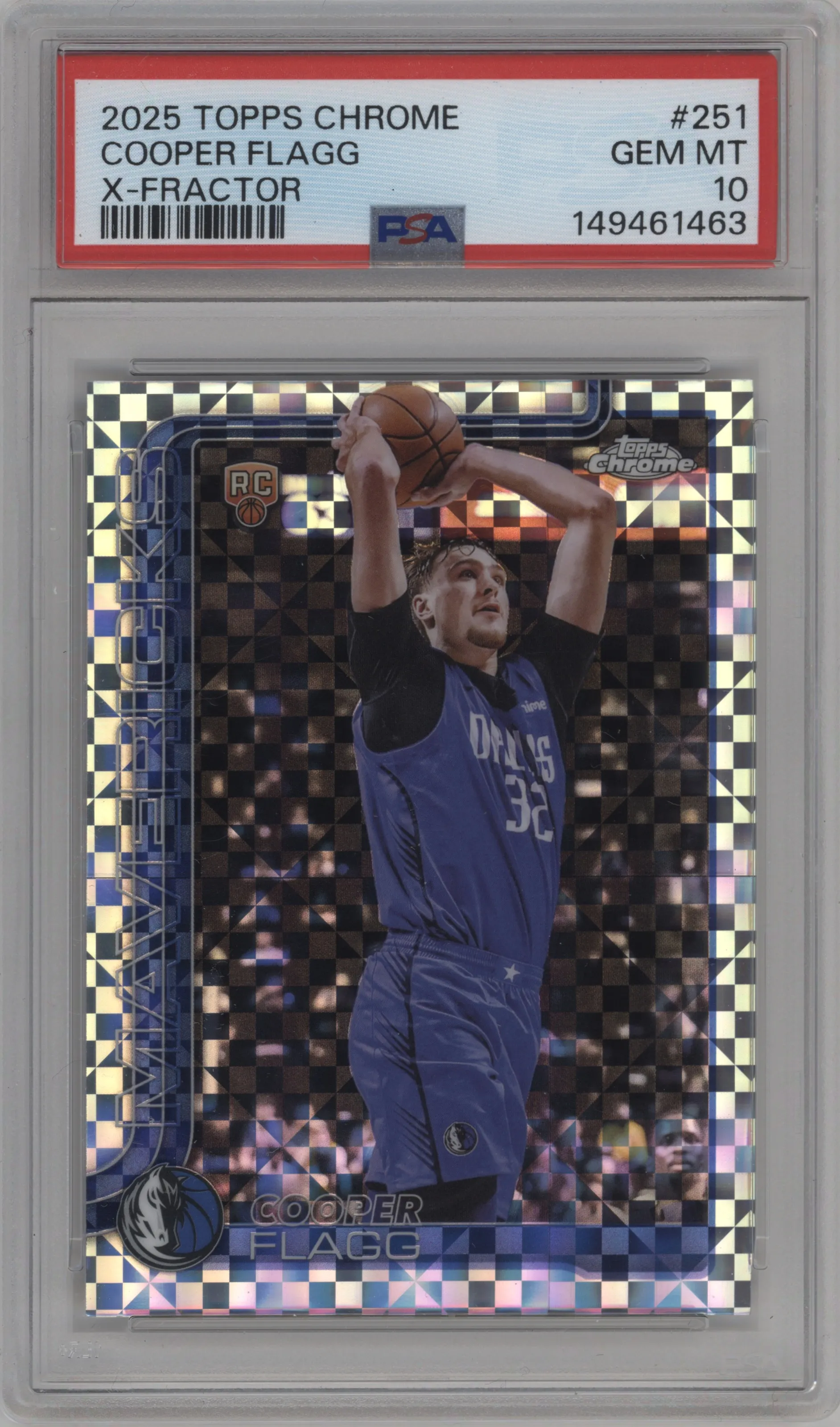 Cooper Flagg from the 2025-26 Topps Chrome set featuring a X-Fractor parallel graded by PSA and given an overall grade of 10.