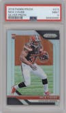 Nick Chubb from the 2018 Panini Prizm set featuring a Silver Prizm parallel graded by PSA and given an overall grade of 9.