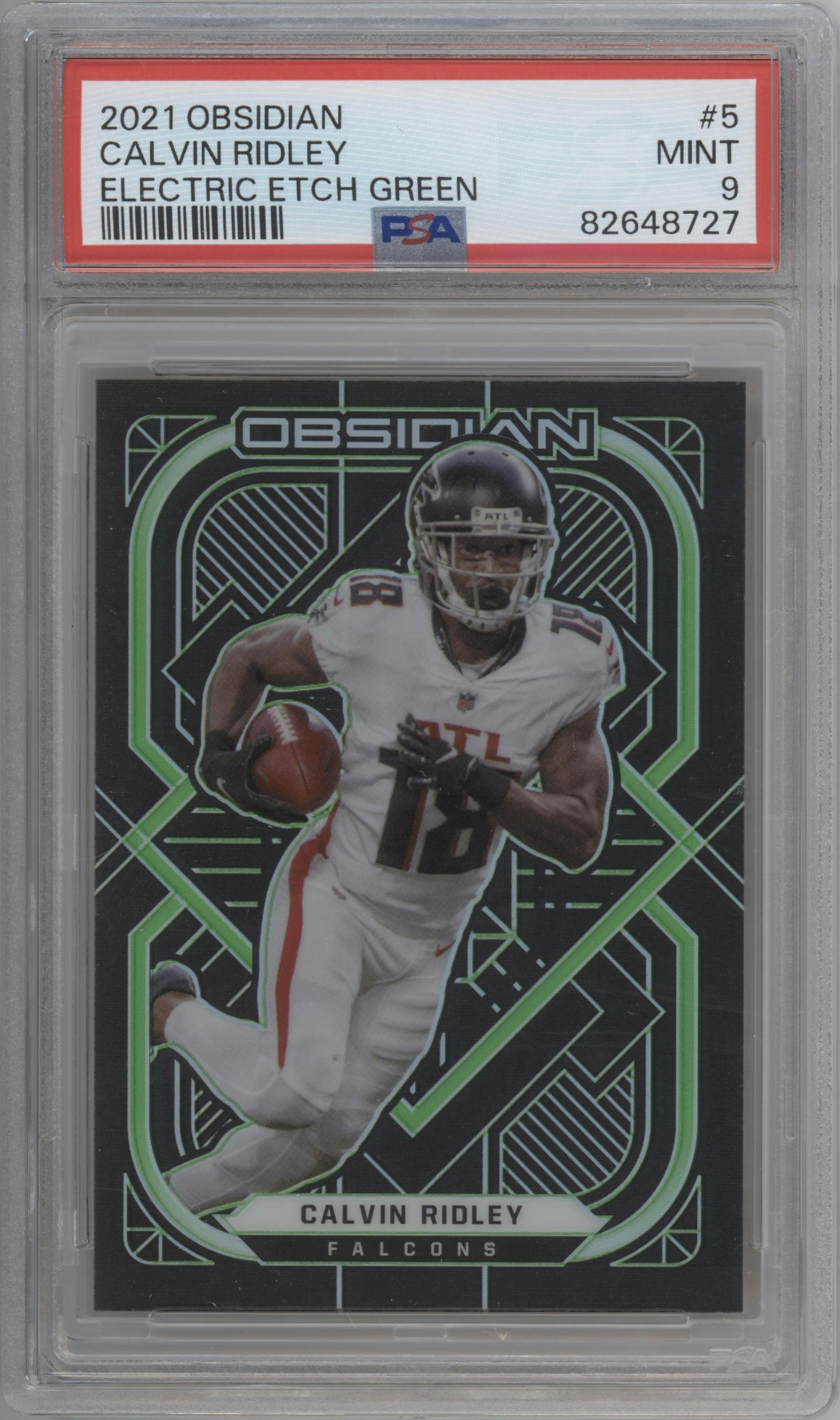 Calvin Ridley from the 2021 Panini Obsidian set featuring a Electric Etch Green parallel graded by PSA and given an overall grade of 9.