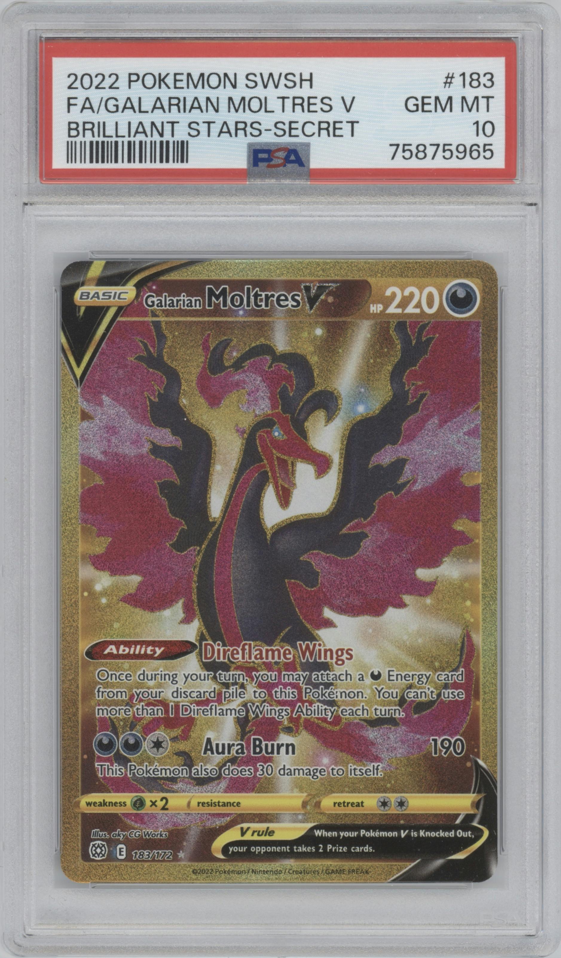 Galarian Moltres V from the 2022 Pokemon SWSH set graded by PSA and given an overall grade of 10.