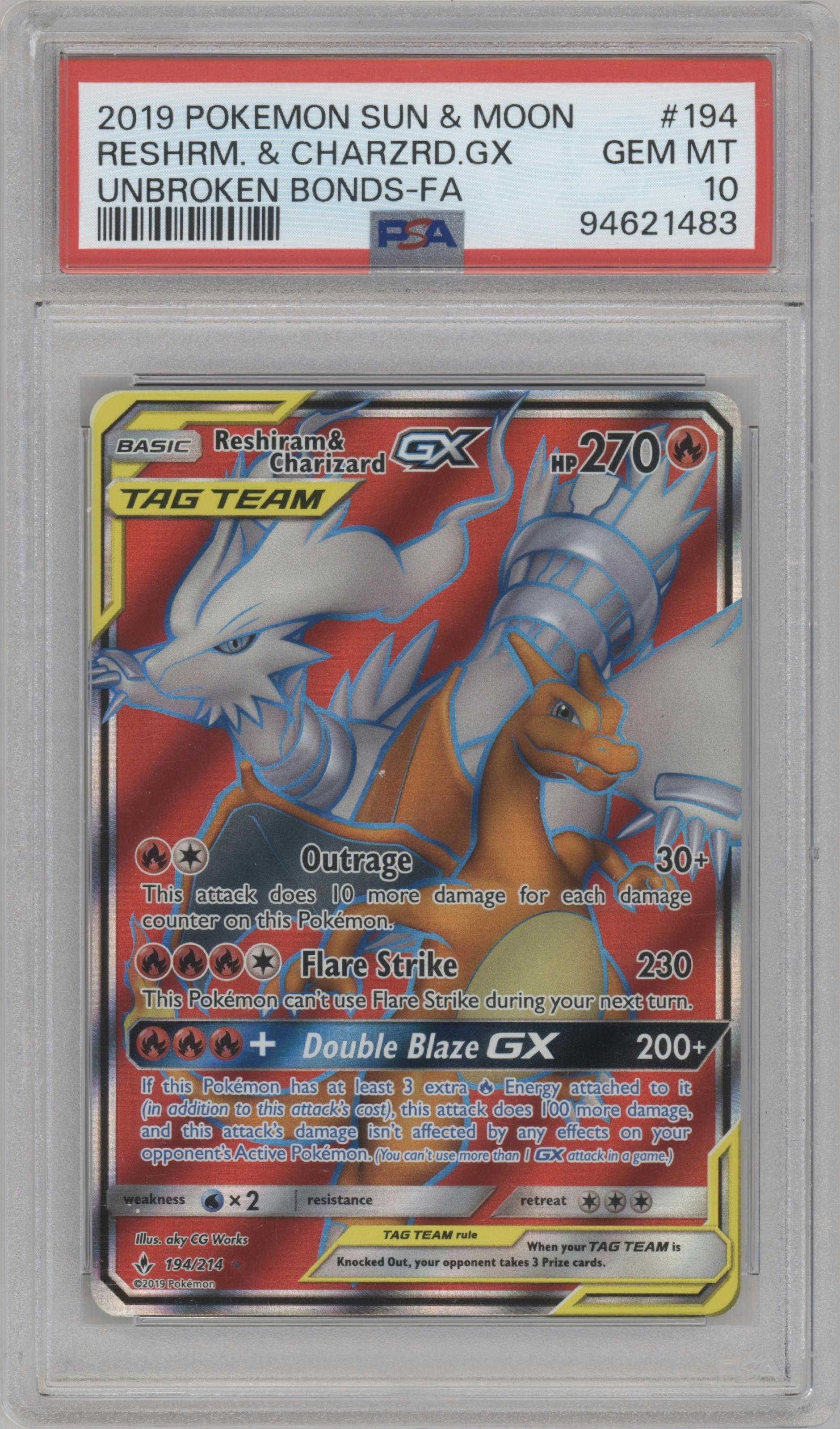 Reshiram & Charizard GX from the 2019 Pokemon S&M  set graded by PSA and given an overall grade of 10.