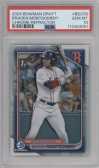 Braden Montgomery from the 2024 Bowman Draft set featuring a Refractor parallel graded by PSA and given an overall grade of 10.