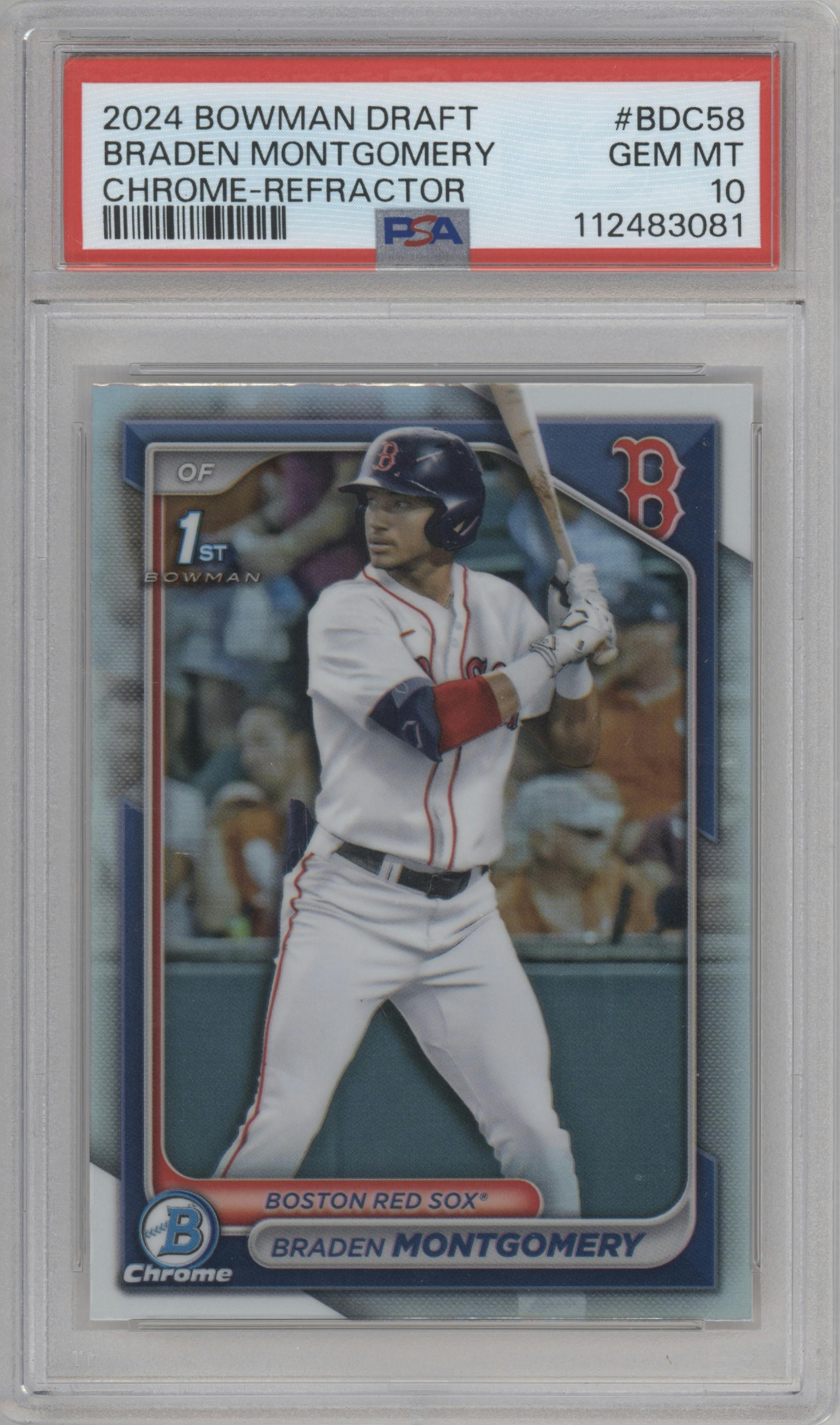 Braden Montgomery from the 2024 Bowman Draft set featuring a Refractor parallel graded by PSA and given an overall grade of 10.