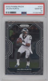 Jalen Hurts from the 2020 Panini Prizm set graded by PSA and given an overall grade of 10.