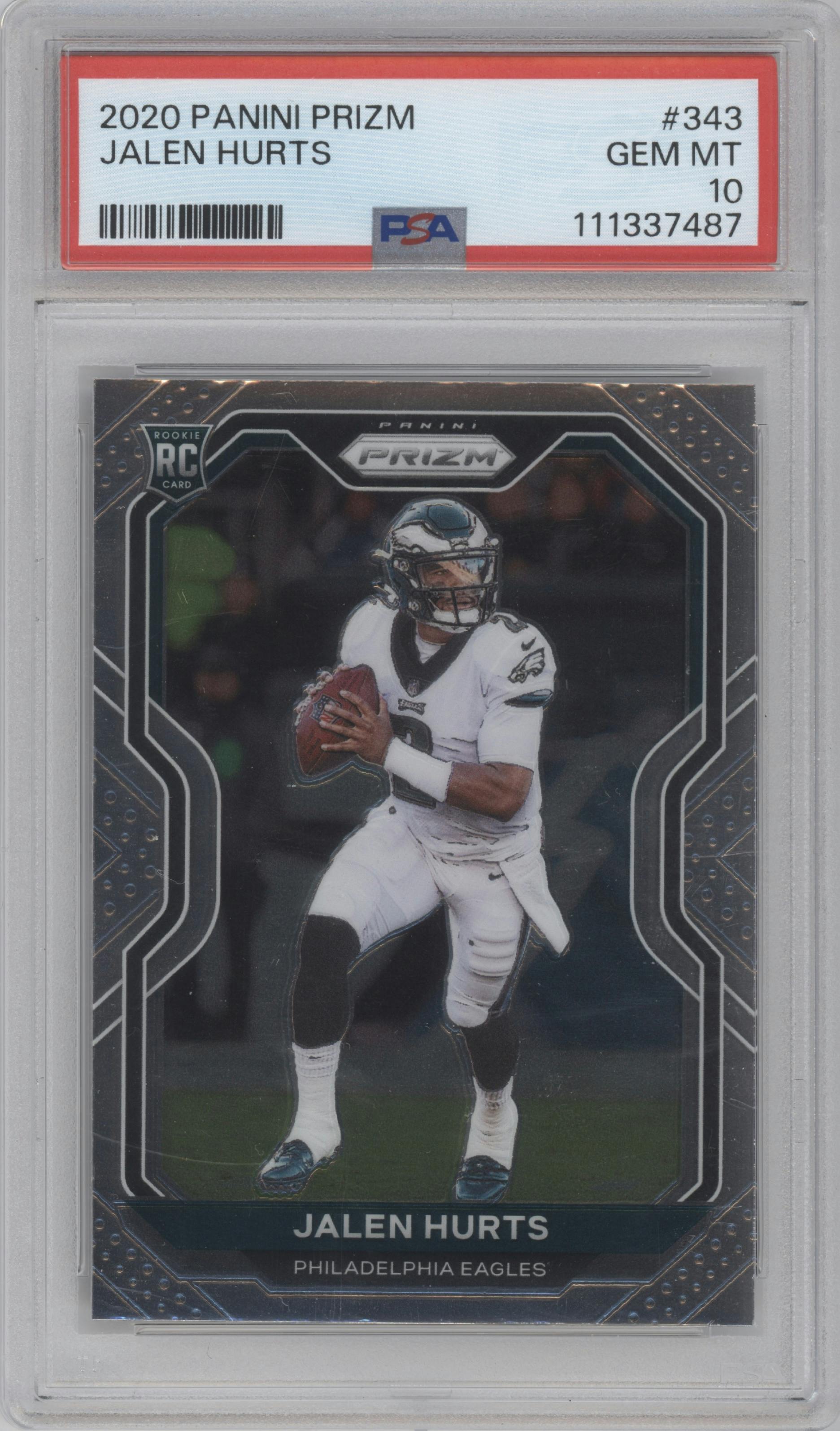 Jalen Hurts from the 2020 Panini Prizm set graded by PSA and given an overall grade of 10.