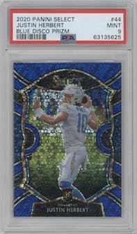 Justin Herbert from the 2020 Panini Select set featuring a Disco Blue parallel graded by PSA and given an overall grade of 9.