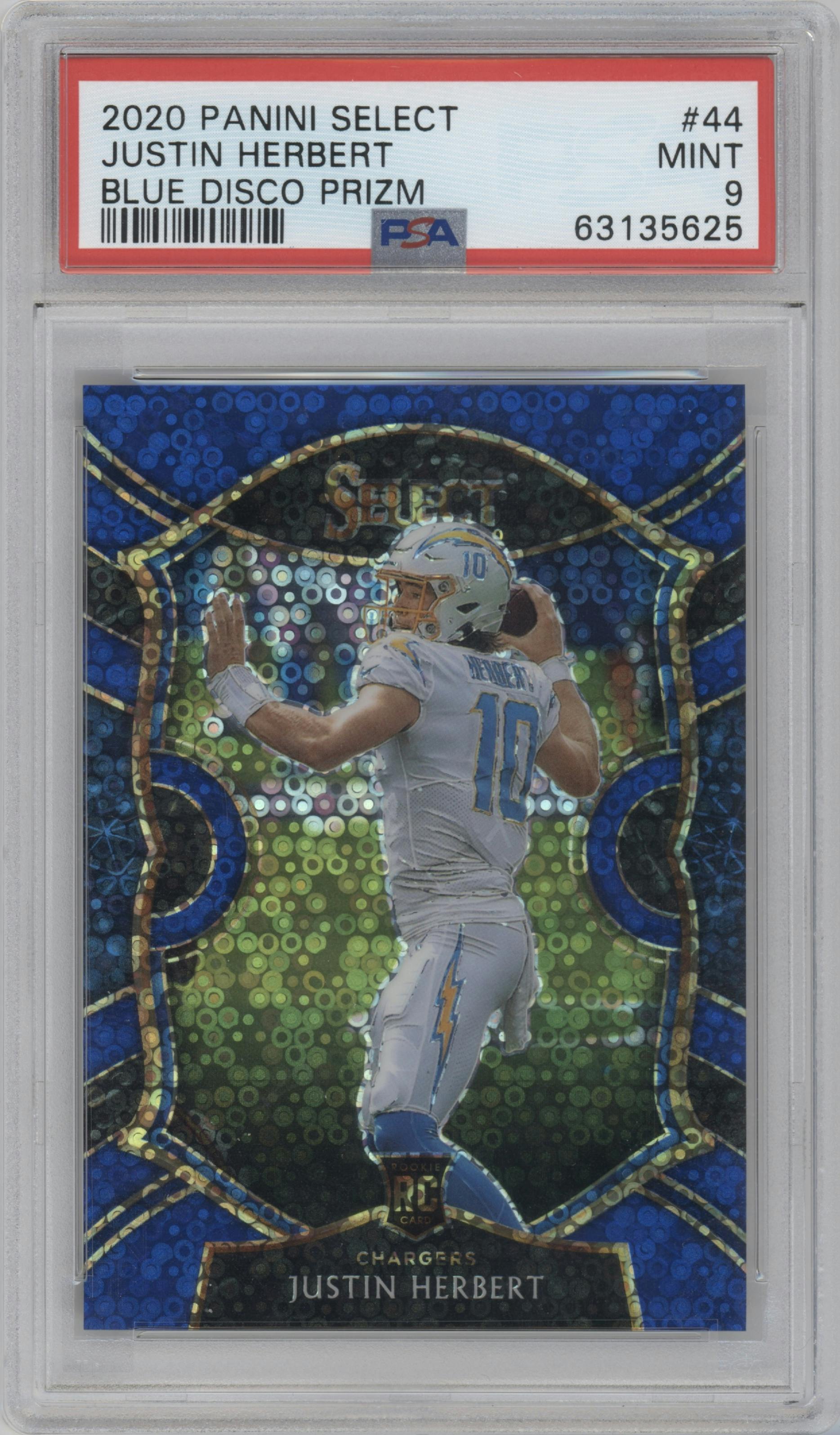 Justin Herbert from the 2020 Panini Select set featuring a Disco Blue parallel graded by PSA and given an overall grade of 9.