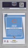 Justin Fields from the 2021 Panini Donruss set featuring a Press Proof Premium parallel graded by PSA and given an overall grade of 9.